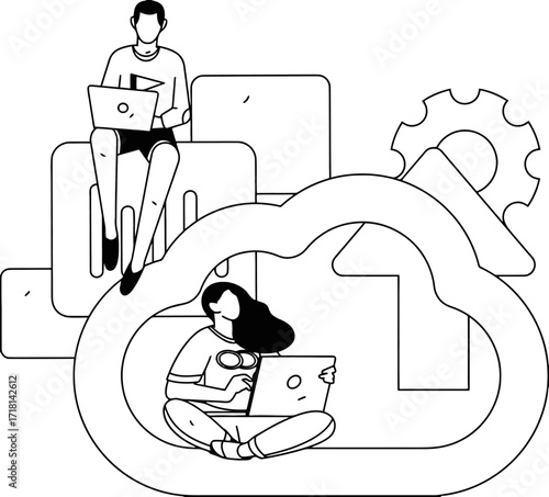 Dynamic duo collaborating seamlessly with laptops amidst abstract digital cloud elements and gears symbolizing modern technology and teamwork