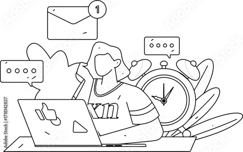 Busy professional juggling notifications, emails, and tasks on laptop with alarm clock signaling urgent deadlines
