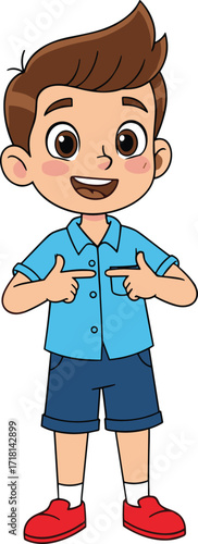 Cartoon child smiling and pointing at self with cheerful expression, confidence and identity concept, isolated on white background, vector illustration