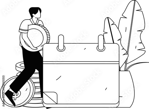 Dynamic businessman strategically managing finances with coins and a calendar, symbolizing smart financial planning and successful wealth growth opportunities