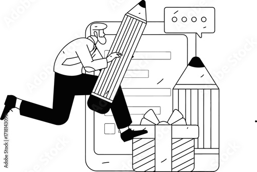 Dynamic businessman actively completing tasks with a giant pencil, symbolizing productivity and achievement, while a gift signifies rewards and success in a modern workflow