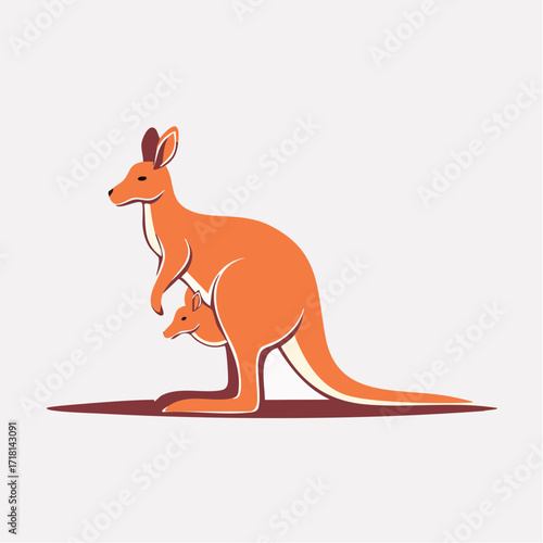 An orange kangaroo with a joey in its pouch, standing on a brown surface, in a flat illustration style.
