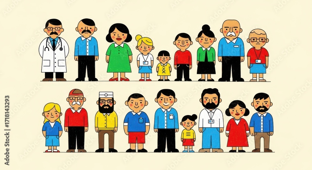 Fototapeta premium Diverse group of cartoon people in two rows, including doctor