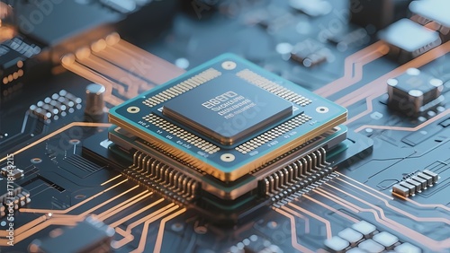 Close-up of integrated circuit chip on printed circuit board with intricate copper traces and electronic components