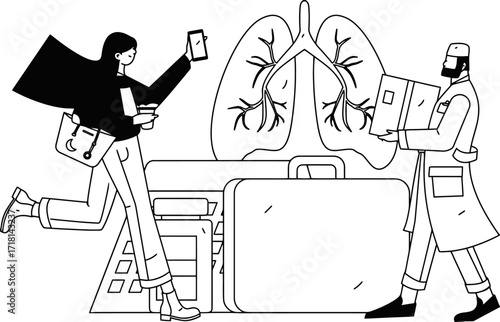 Dynamic medical professionals collaborate on respiratory health solutions carrying vital research and patient data with modern technology in a bustling environment