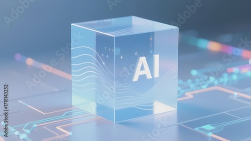Transparent cube with AI text on a digital circuit background