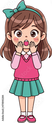 Cartoon girl with teal bow showing shocked expression, hands on cheeks, manga-style emotion, isolated on white background, vector illustration
