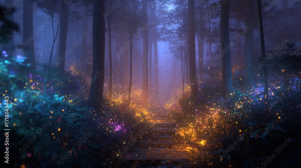 Obraz premium A foggy forest with a path lit by glowing flora, creating a mysterious and enchanting atmosphere in a natural setting