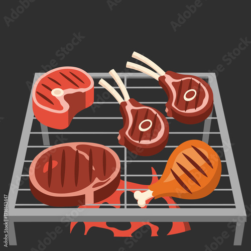 Delicious grilled meats sizzling on a barbecue grill over flames for a summer cookout.