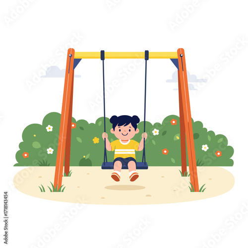 A young girl happily swinging on a playground swing surrounded by lush green bushes and a clear sky with clouds.