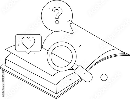 Uncover insights and gain knowledge with a magnifying glass over an open book, featuring a question mark and a like icon signifying discovery and engagement.