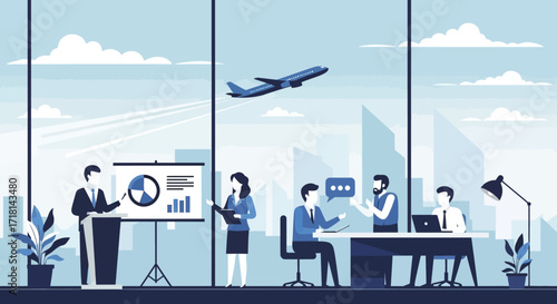 Business presentation at modern office with cityscape view and airplane taking off in background