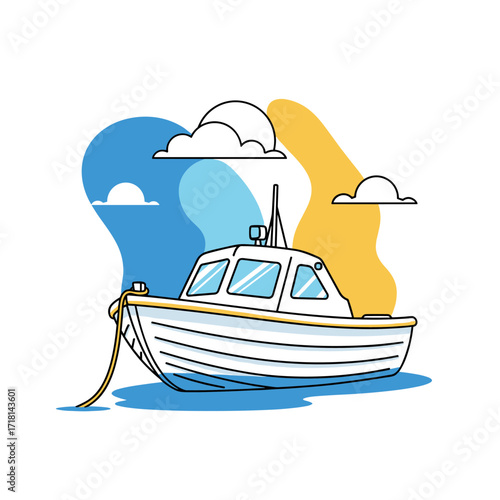 A small white motorboat is anchored in the calm blue water on a sunny day with fluffy clouds in the sky.