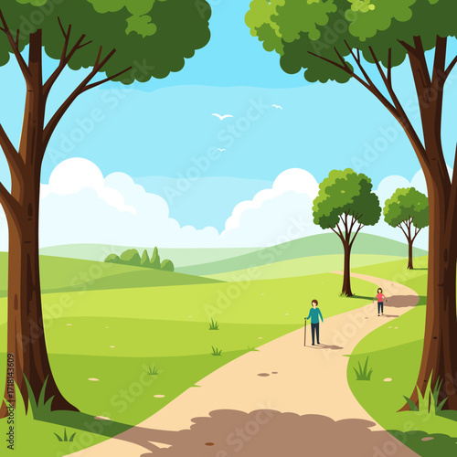 A picturesque walking path winds through rolling green hills dotted with trees and a bright blue sky above.
