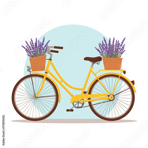 A vibrant yellow bicycle adorned with charming wicker baskets filled with fragrant lavender flowers.