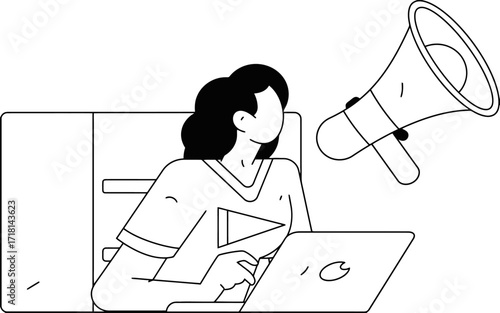 Dynamic woman diligently working on laptop, announcing ideas with a megaphone, representing modern marketing and communication strategies in a vibrant digital space.