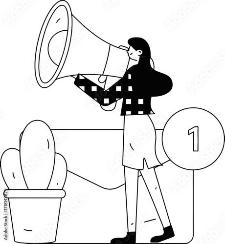 Dynamic woman passionately announcing important news with a vintage megaphone to a captivated audience, creating buzz and excitement.