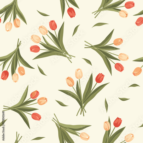 A seamless pattern of charming tulip bouquets and scattered green leaves.