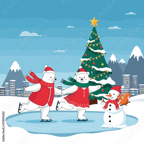 Polar bears joyfully ice skating near a decorated Christmas tree in a winter wonderland city scene.