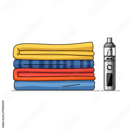 A pile of colorful folded towels next to a silver vaping device.