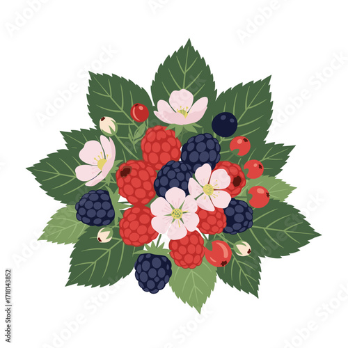 A vibrant assortment of ripe red raspberries blue blueberries and dark blackberries with delicate white blossoms and green leaves.