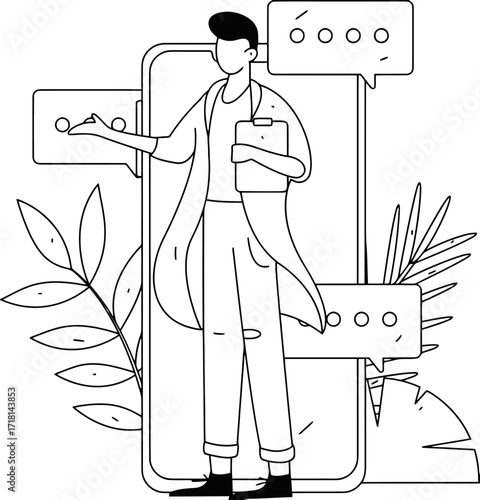 Confident medical professional engaging in virtual consultation presenting key health data with digital communication bubbles and plant elements for modern telemedicine