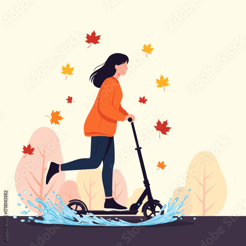 A young woman enjoys a playful ride on her scooter through autumn leaves and puddles on a bright day.