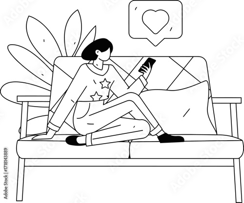Young woman relaxing on couch engaging with smartphone receiving social media likes and positive notifications for online connection and digital lifestyle
