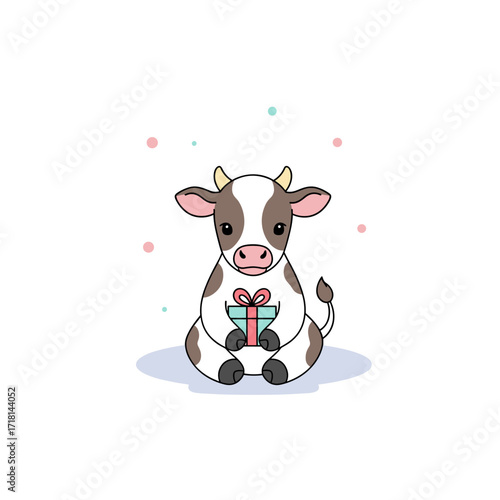 A cute cow sitting with a gift box in its paws and a festive atmosphere.