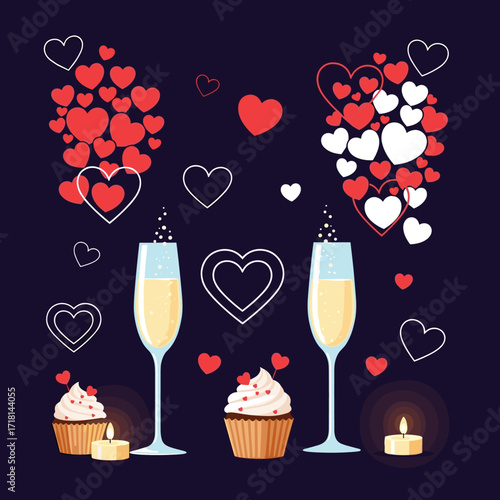Two champagne flutes with cupcakes and hearts creating a romantic atmosphere for a celebration.