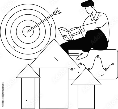 Ambitious professional studying growth charts and aiming for targets, symbolizing business success and strategic planning for upward momentum in careers and markets.