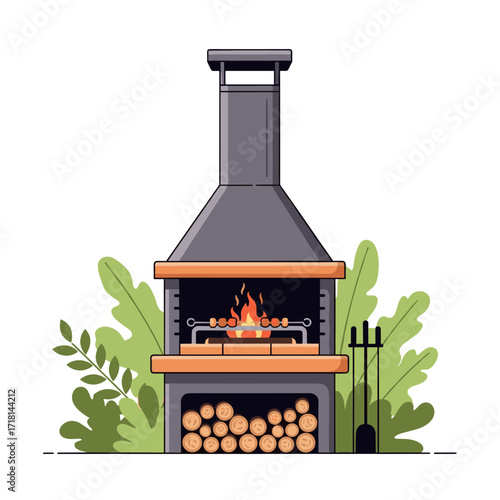 Outdoor brick barbecue grill with burning fire and wood storage for cooking delicious food.