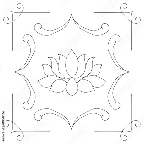 Elegant lotus flower outline illustration with a decorative symmetrical frame.