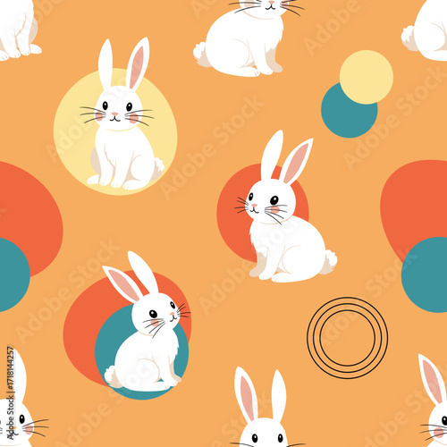 A whimsical pattern of adorable white bunnies nestled within colorful abstract circles on an orange background.