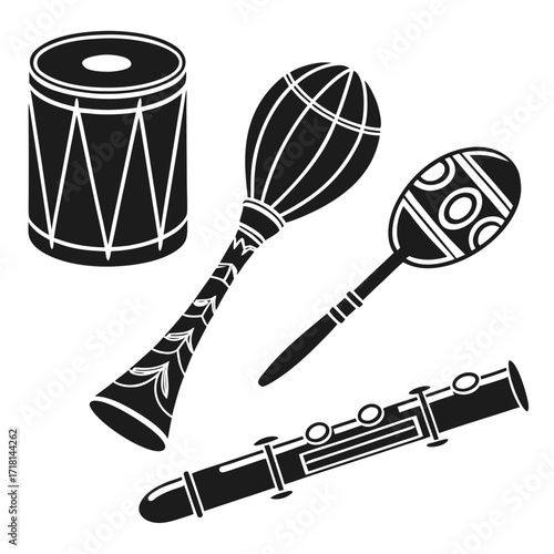 African Musical Instruments Silhouette Set Keywords: african, music, instrument, silhouette