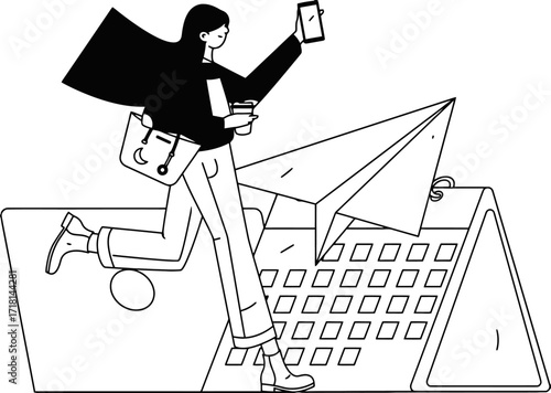 Dynamic professional woman with coffee and phone races forward with paper airplane launching from a calendar, symbolizing fast-paced modern business and innovation.