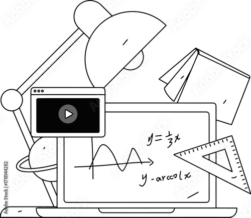 Dynamic learning setup featuring a laptop with mathematical equations and graphs, a video player, a desk lamp, and study materials for engaging educational content creation and online courses.