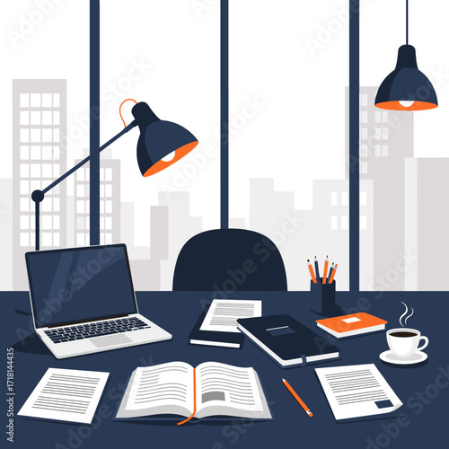 A modern home office setup with a desk full of study materials and a laptop.