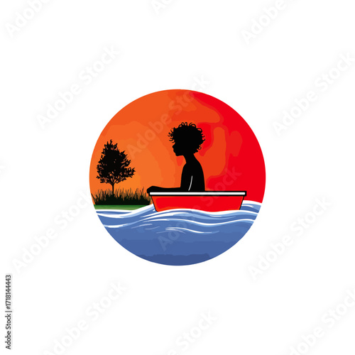 Child rowing boat sunset silhouette