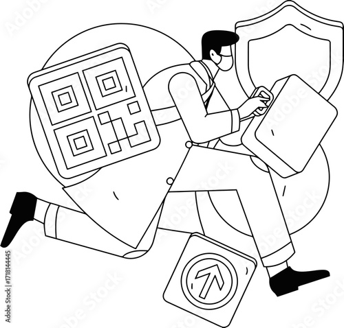 Dynamic businessman in motion carrying briefcase and QR code, symbolizing rapid digital transformation and secure business growth