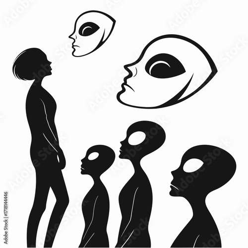 Alien Figures and Heads in Silhouette on White extraterrestrial