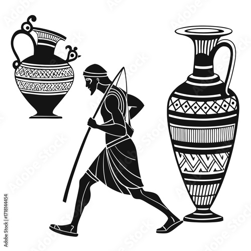 Ancient Greek Man With Amphorae And Spear Keywords: ancient, Greek, man, warrior, hunter