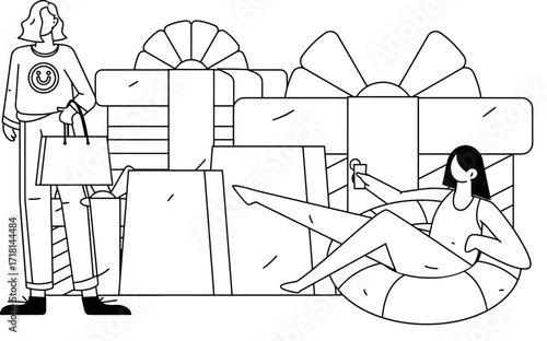 Excited shopper with bags celebrates massive gift haul surrounded by presents, embodying retail therapy and successful shopping spree joy