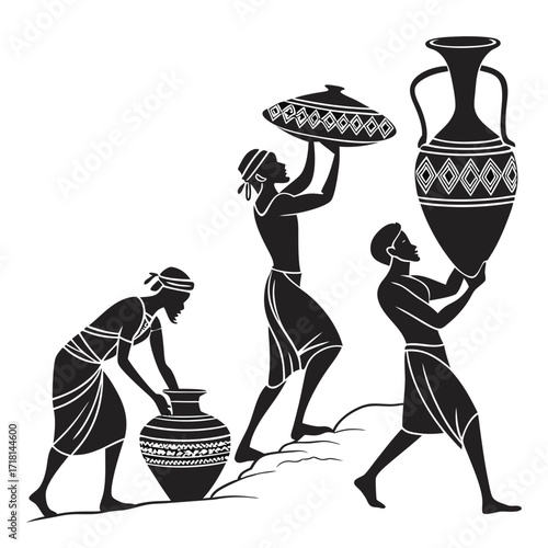 Ancient Silhouettes of People Carrying and Working with Pottery