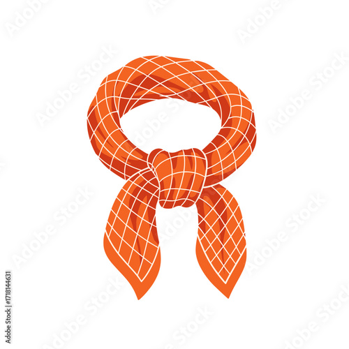 A stylish orange scarf with a white checkered pattern tied neatly around the neck.