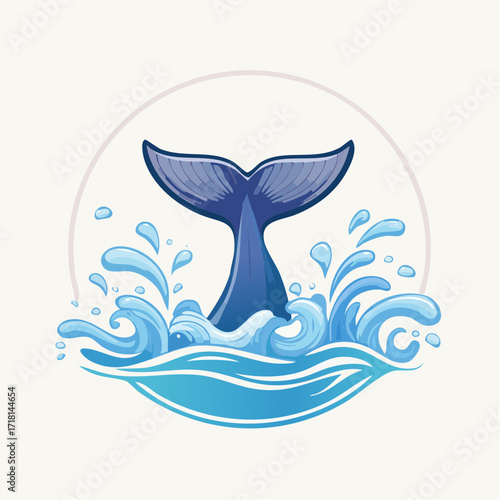 Illustration of a blue whale tail emerging from the ocean water with splashes and a circular background.