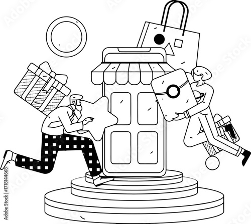 Dynamic duo celebrates online shopping success with gifts and stars surrounding a mobile storefront, capturing the thrill of digital commerce and customer satisfaction.