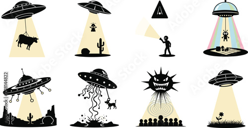 Whimsical UFO alien abduction vector illustration set with cows, people, animals, desert landscapes, sci‑fi beams, and extraterrestrial cartoon scenes