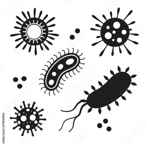 Assorted black virus and bacteria silhouettes on white