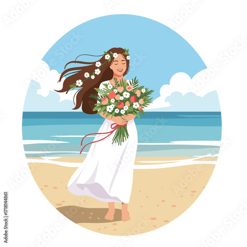 Beautiful bride holding a vibrant bouquet of flowers on a sandy beach during a sunny day.
